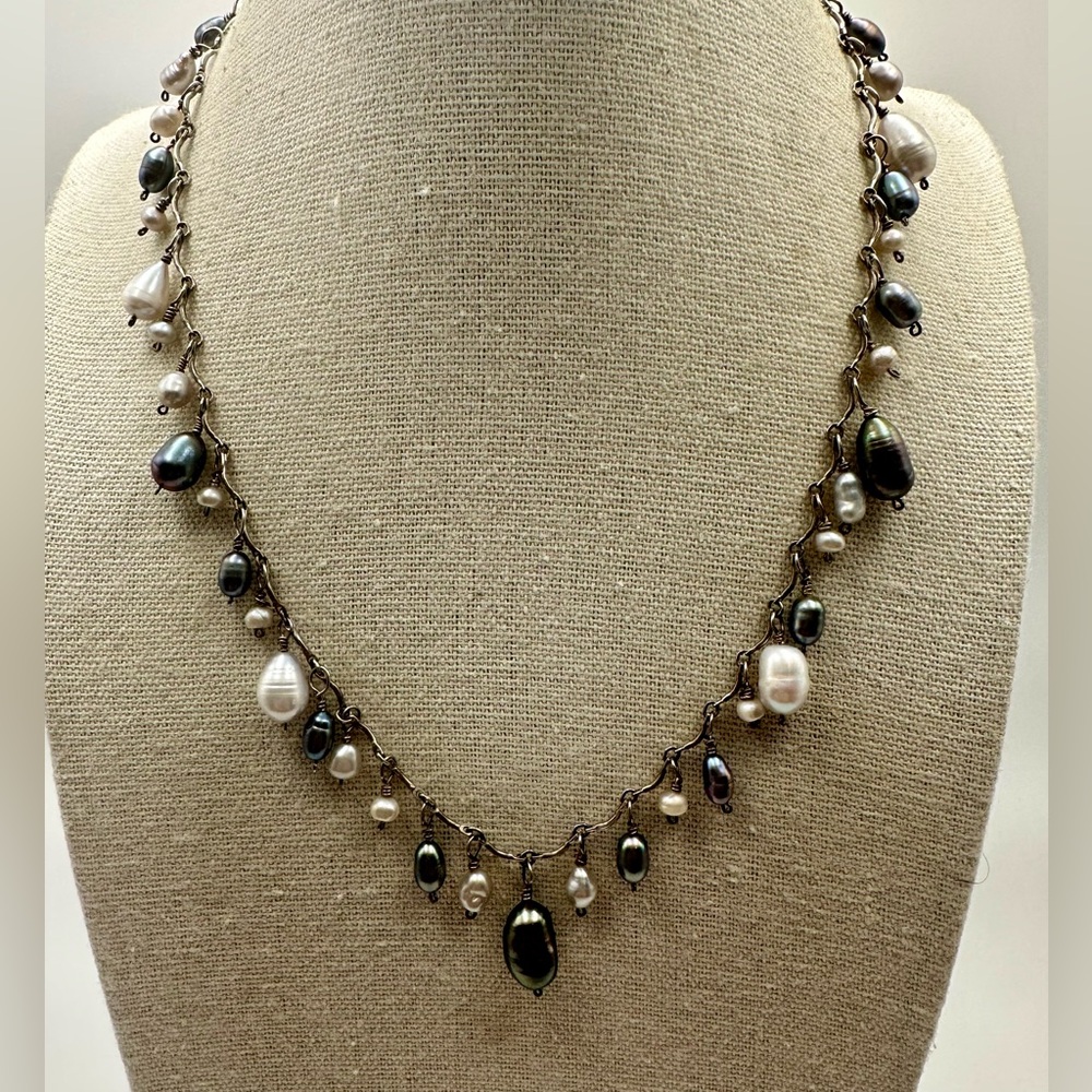 Sterling Silver 925 Freshwater Pearl Gray White Fringe Choker Hand Knotted NBI